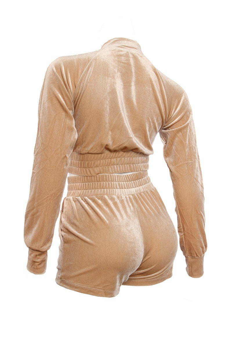 2 PIECE TAUPE CROPPED VELOUR ZIPPER JACKET AND MATCHING SHORTS