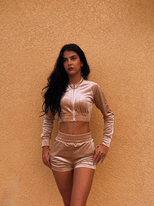 2 PIECE TAUPE CROPPED VELOUR ZIPPER JACKET AND MATCHING SHORTS