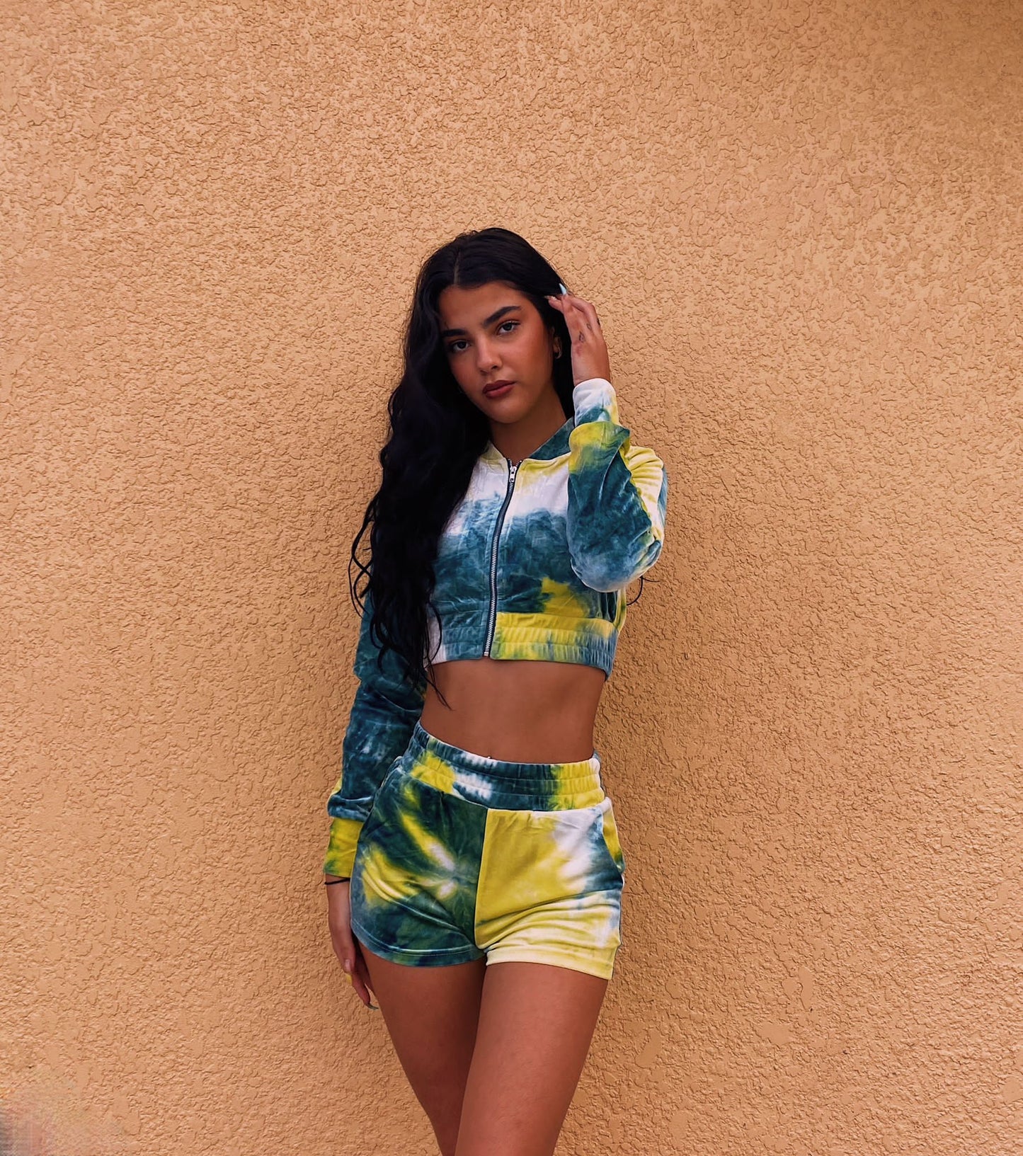 Yellow and Green Sexy Velour Two Piece Zip Up Cropped Jacket With Shorts