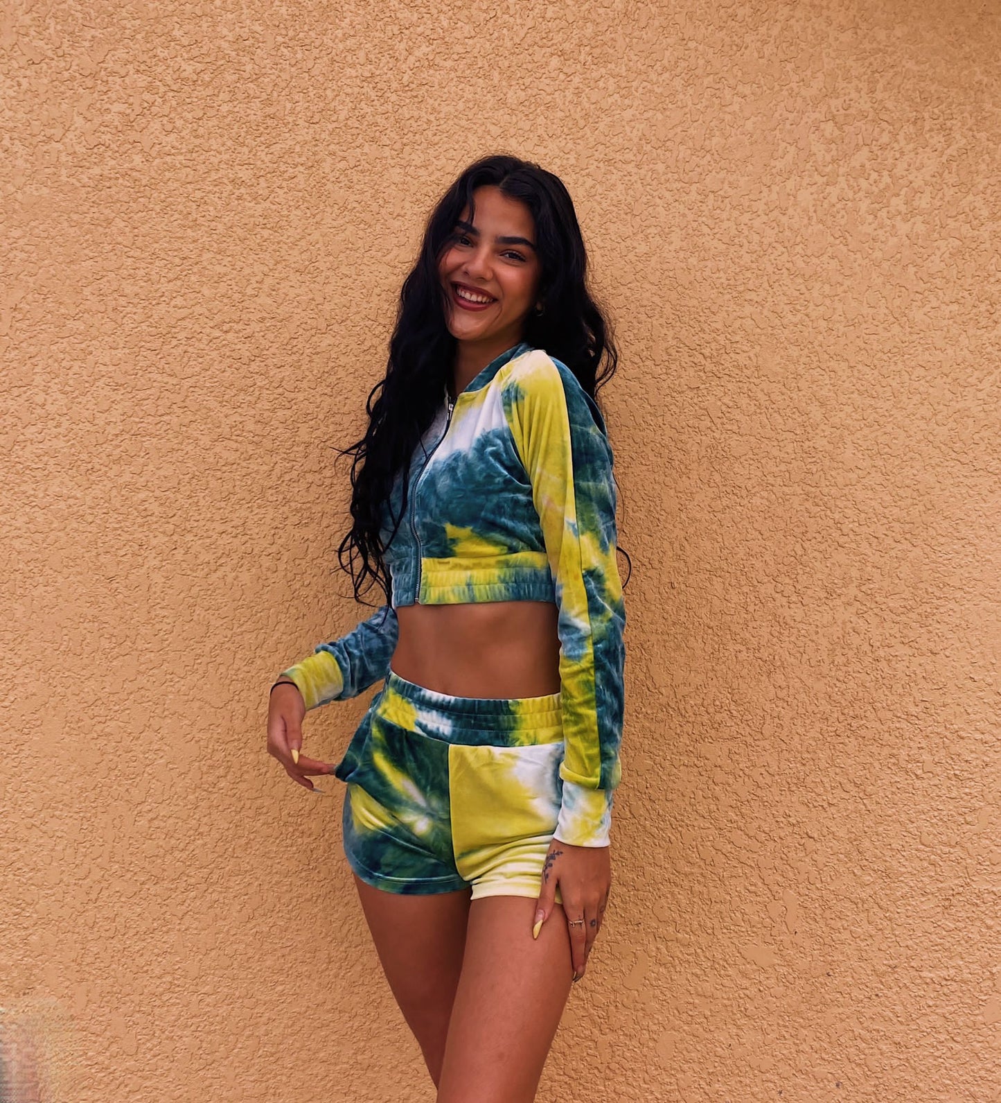 Yellow and Green Sexy Velour Two Piece Zip Up Cropped Jacket With Shorts