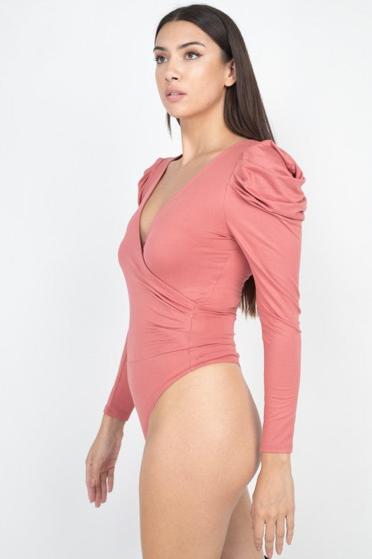 Women's Puffy Long Sleeve Surplice Bodysuit