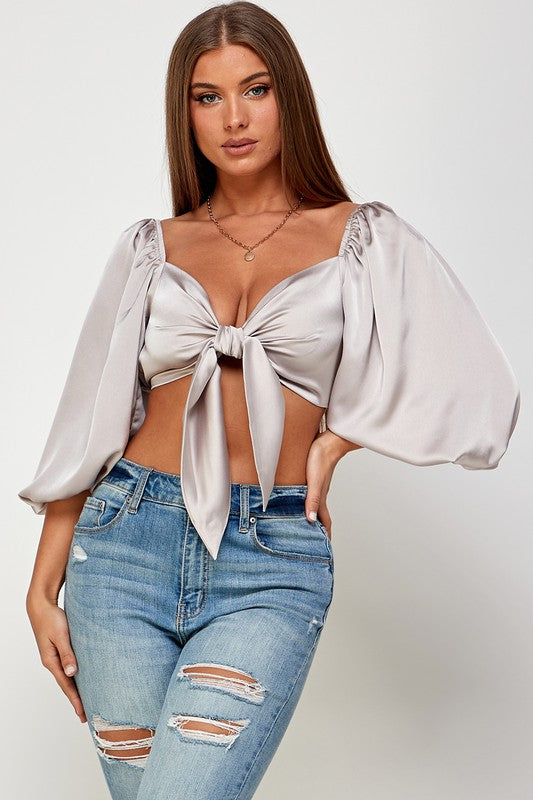 Puffy Long Sleeve Knotted Self Tie Crop Top
