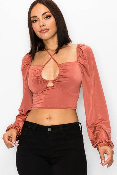 LONG SLEEVE CROP TOP WITH LACE UP CUT OUT FRONT