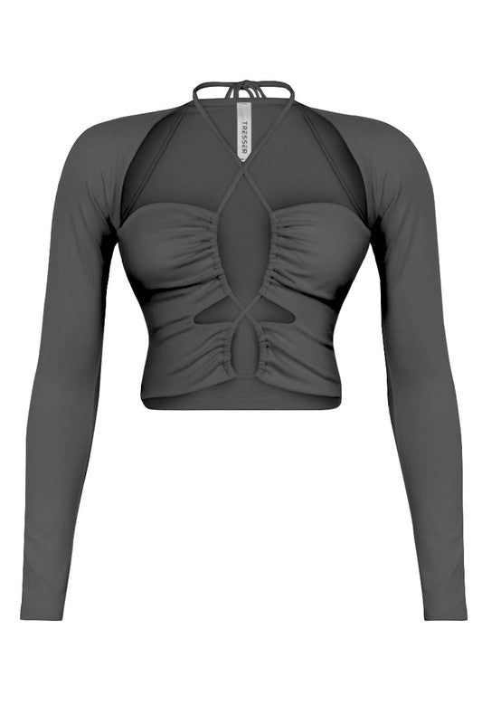 LONG SLEEVE HALTER CROP TOP WITH CUT OUTS