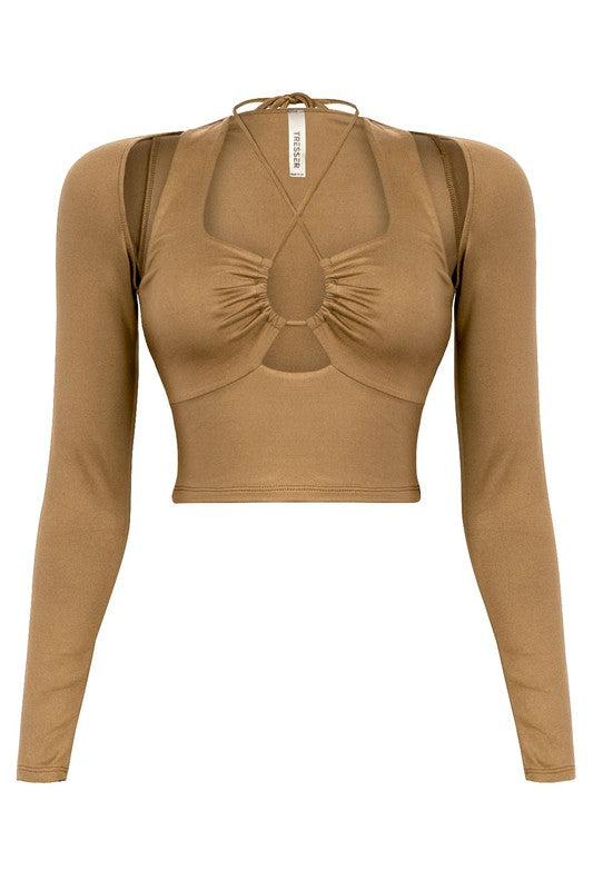 LONG SLEEVE CROP TOP WITH FRONT CUTOUTS
