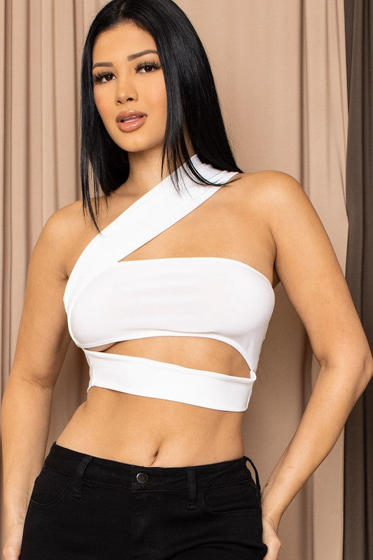 White One Shoulder Crop Tube Top with Cut Out