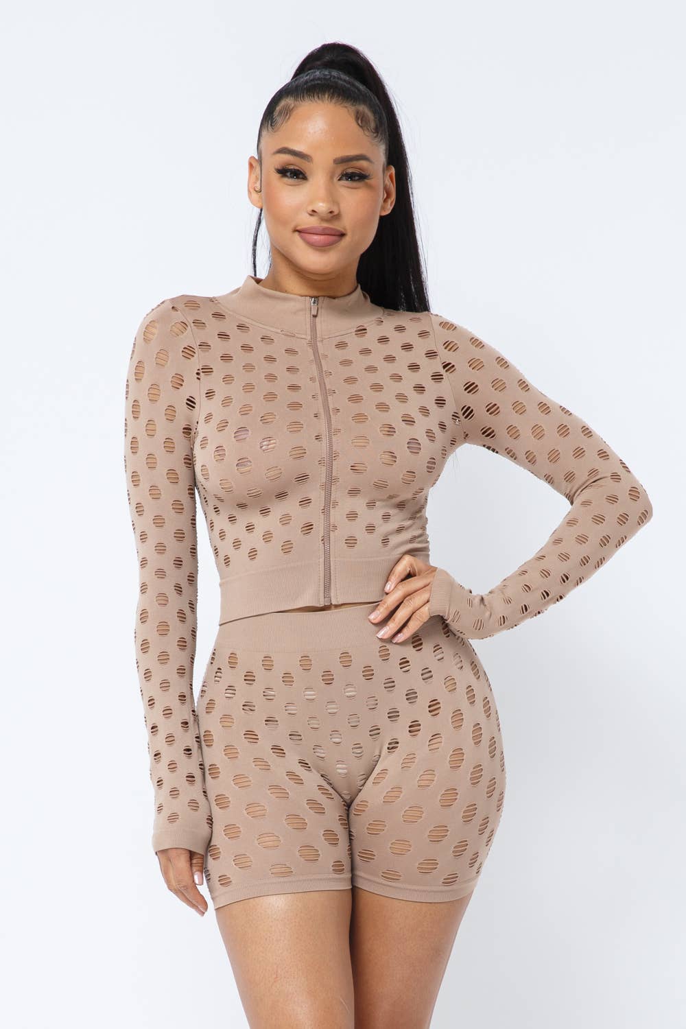 Long Sleeve Front Zipper Jacket with Seamless Short Set with Holes