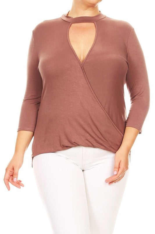 WOMEN'S PLUS SIZE SOLID TOP WRAPPED FRONT