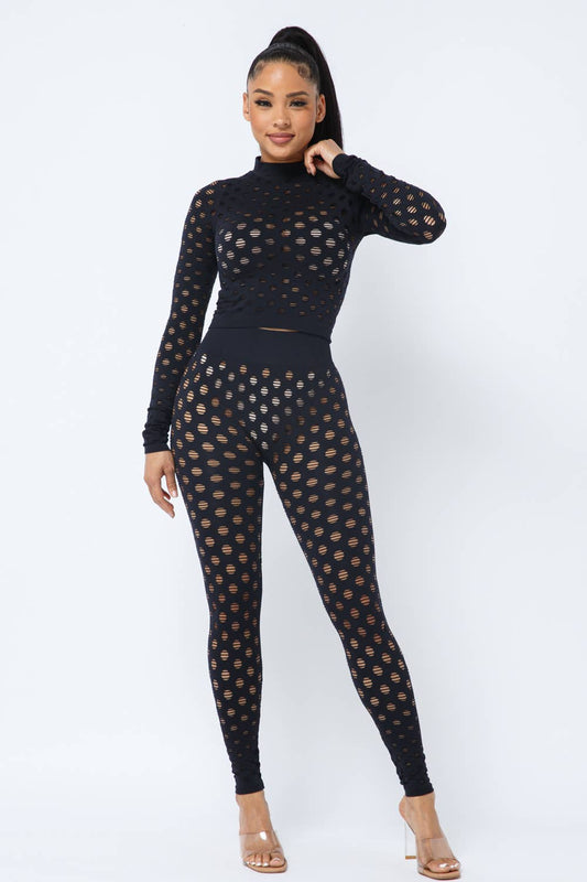 2 PC Long Sleeve Seamless Top Leggings Set with Holes