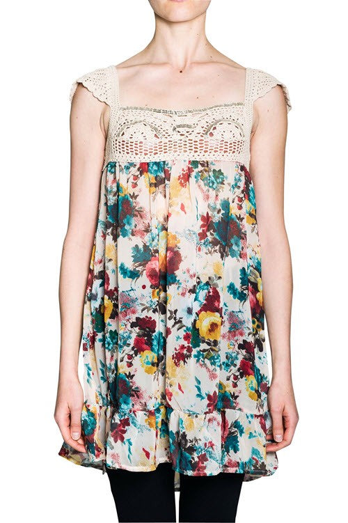 Floral Chiffon Top Dress With Crochet