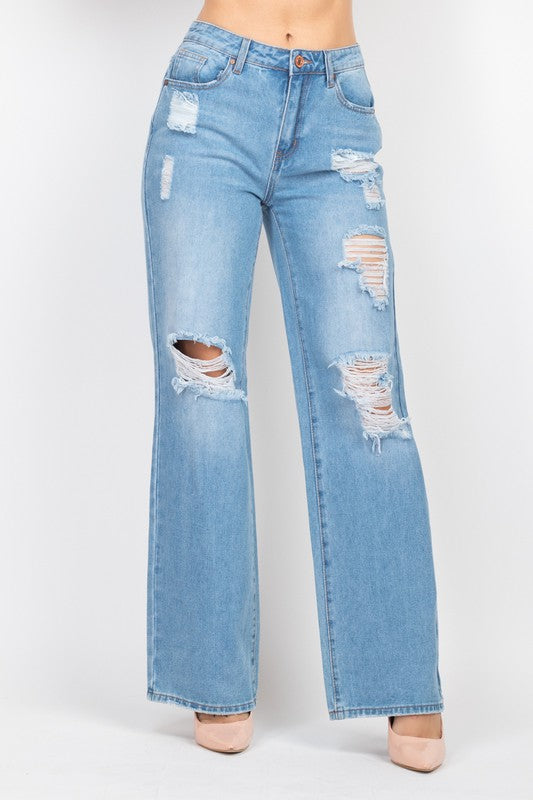 Distressed Wide Leg Denim Jeans