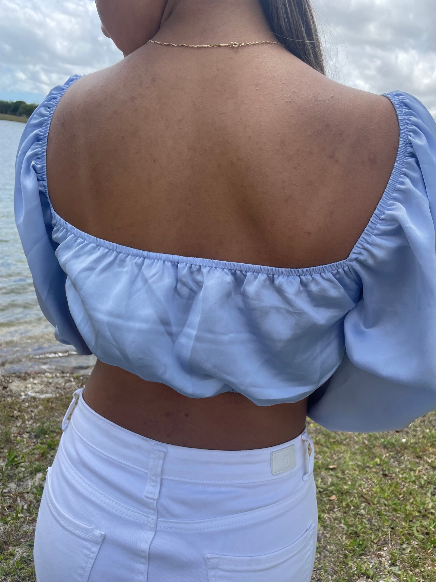 Puffy Long Sleeve Knotted Self Tie Crop Top