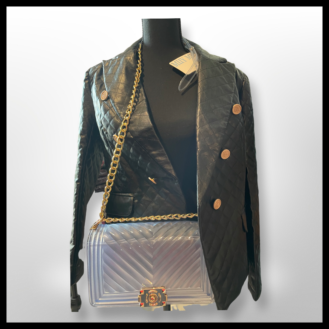 Women's Golden Buttons Faux Leather Quilt Blazer Jacket