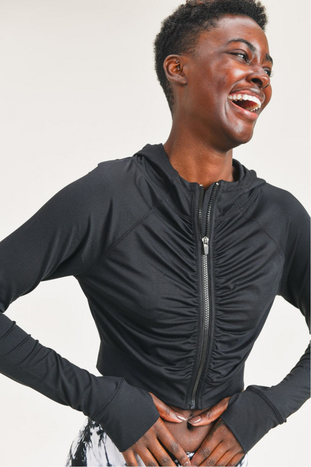 RUCHED FRONT CROPPED HOODIE JACKET