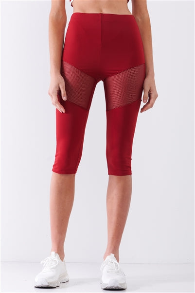 Red High Waist Sheer Mesh Cut-Ins Sports Midi Legging Pants