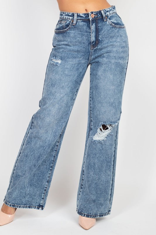 Women Ripped Wide-Leg Denim Jeans