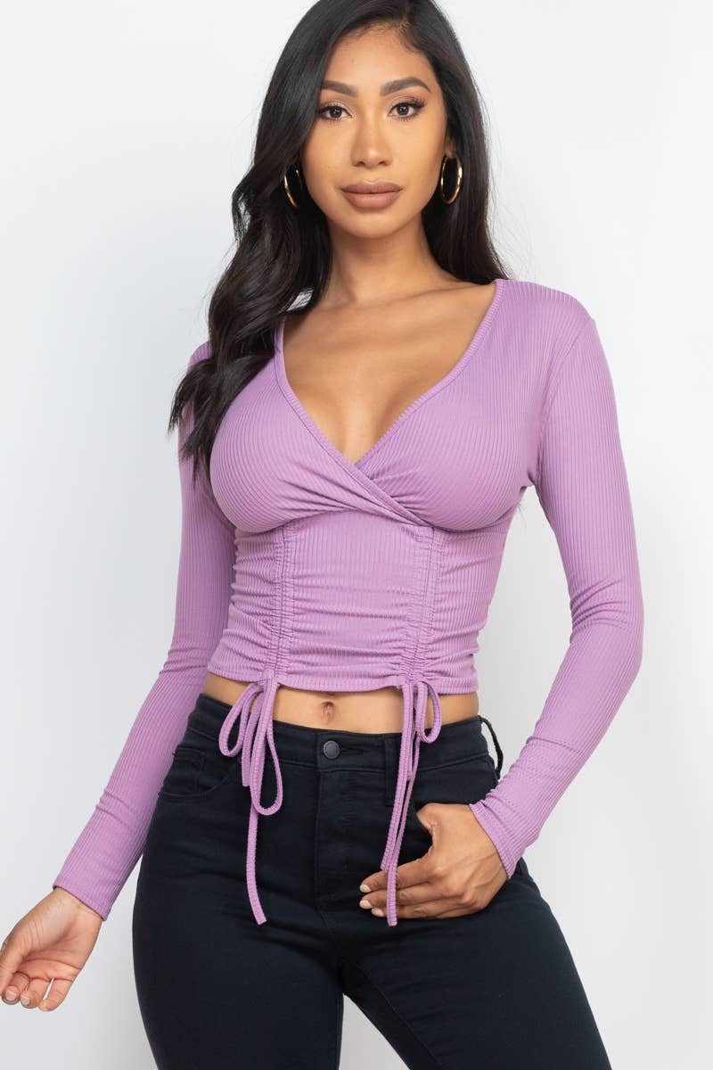 Solid Ribbed Drawstring Ruched Long Sleeve Crop Top