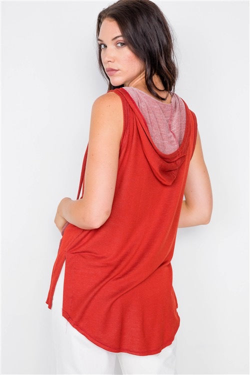 Women's Red Drawstring Hooded Armhole Sports Tank Top