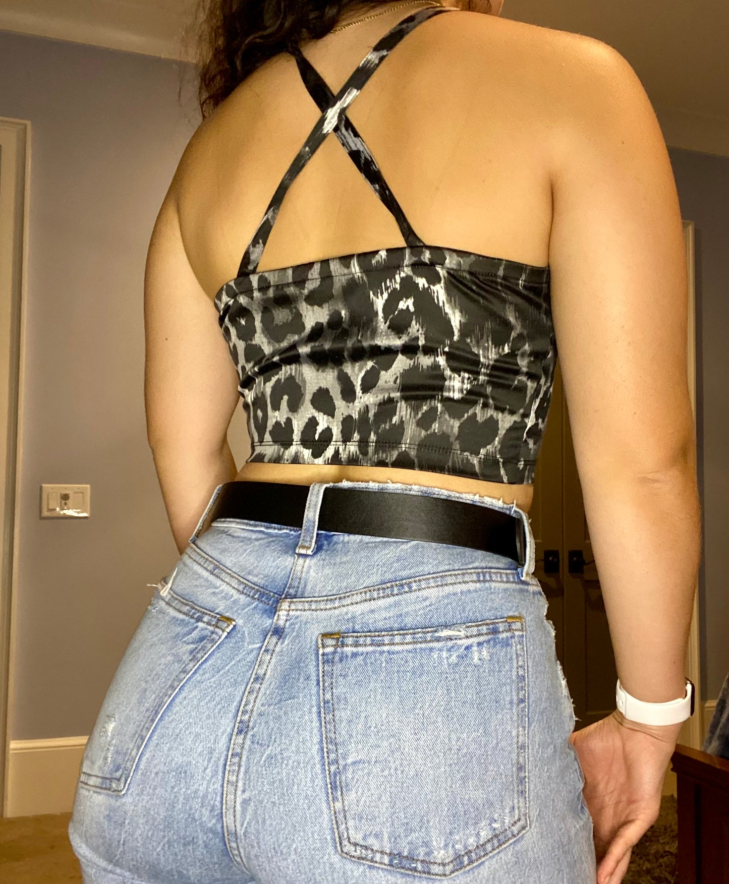 Animal Printed Crop Zip Front Top with Criss Cross Back