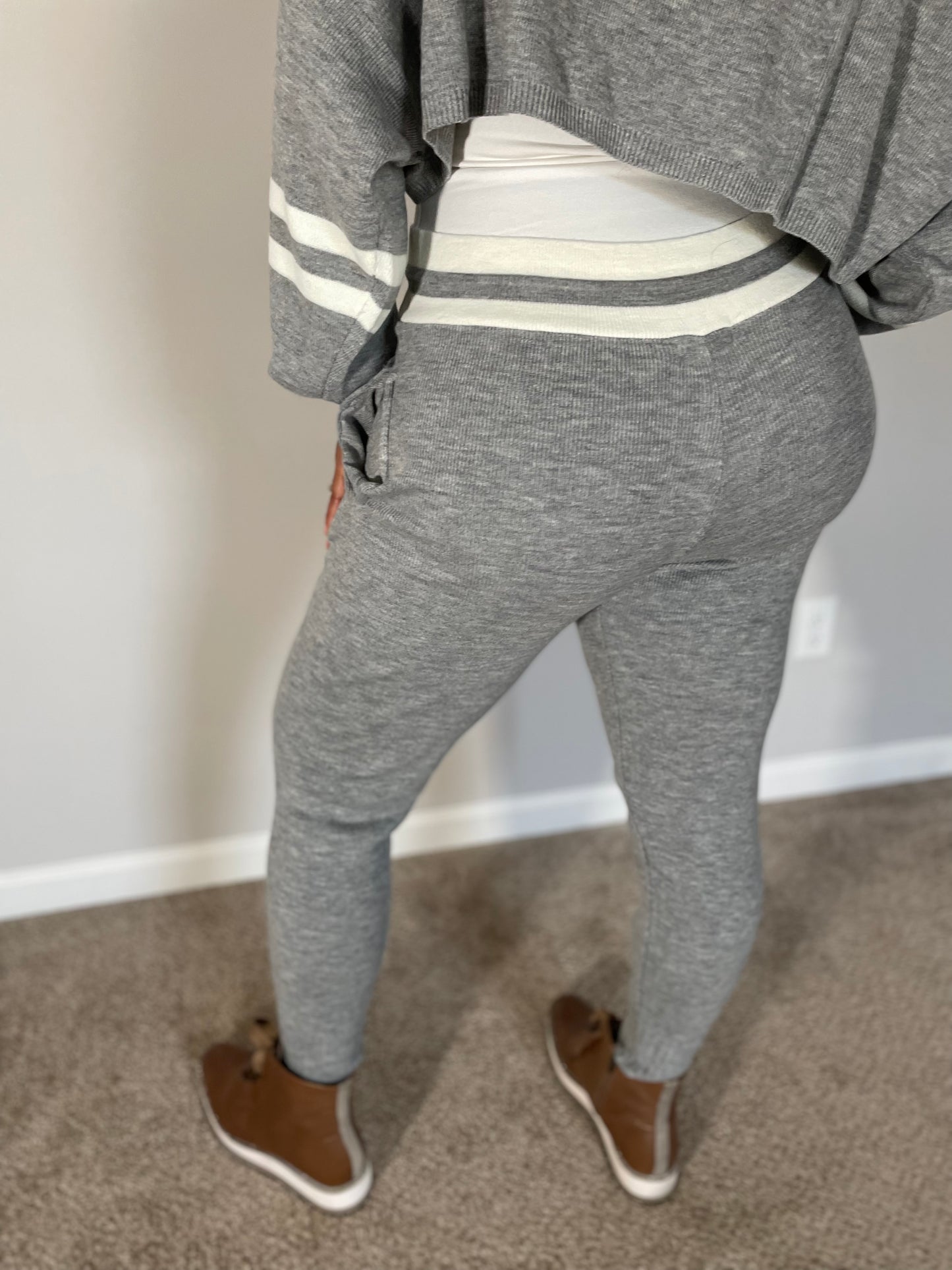 Grey and White Cropped Split Loose Joint Sweater Pants Set