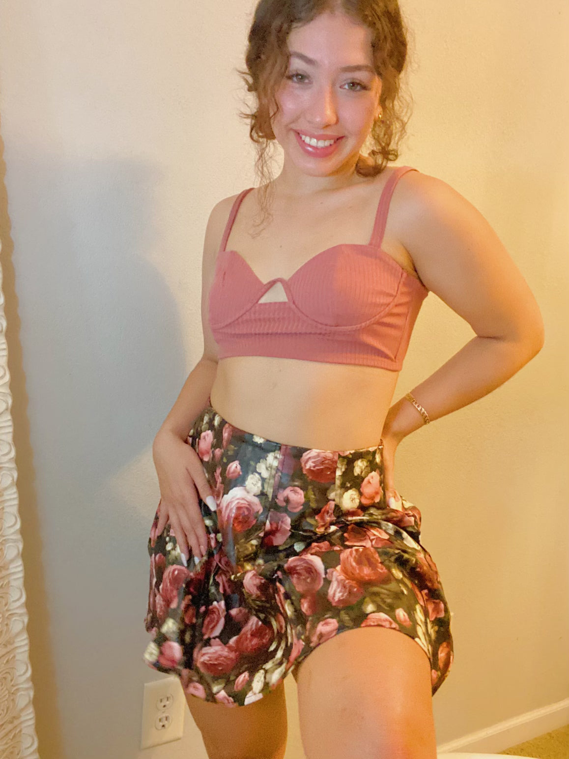 Floral Print High Waist Faux Leather Mini Skirt