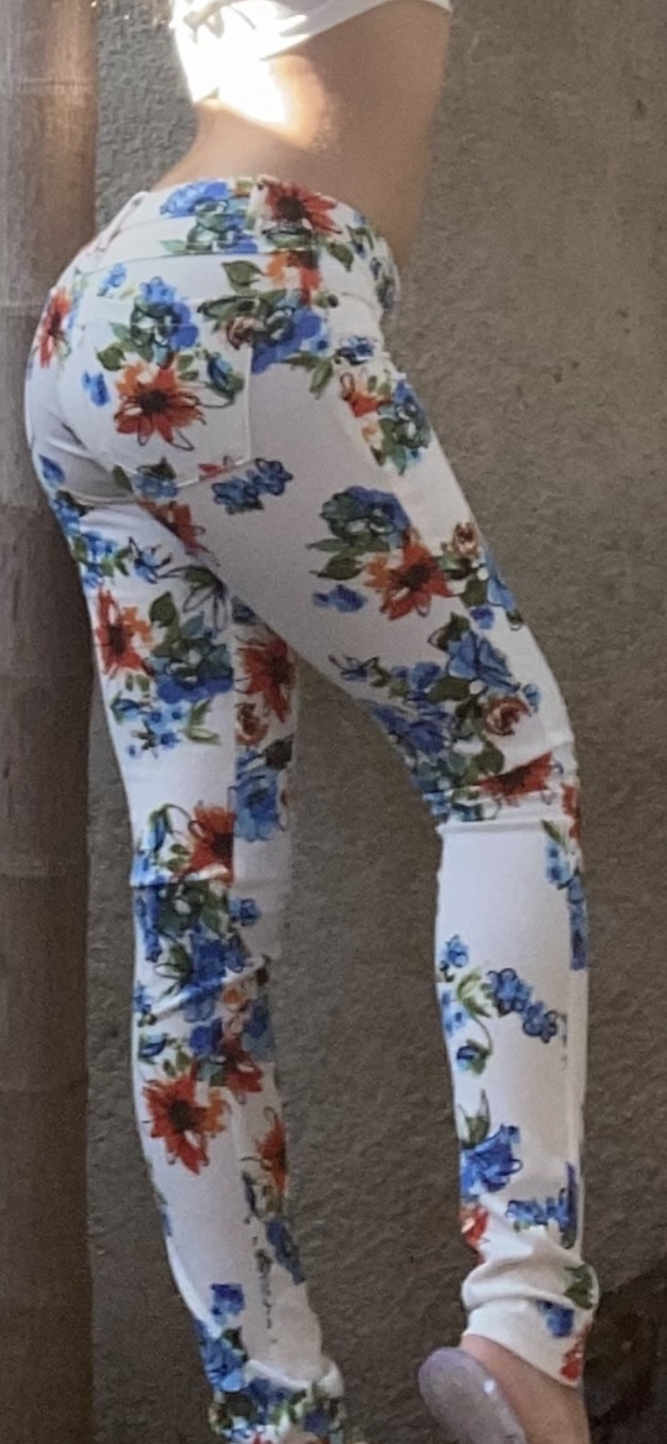 White Floral Print Fitted Low Riser Pants