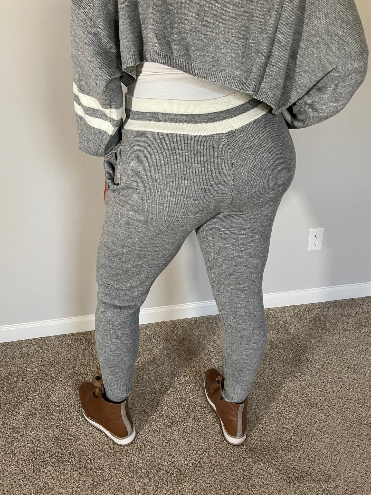 Grey and White Cropped Split Loose Joint Sweater Pants Set