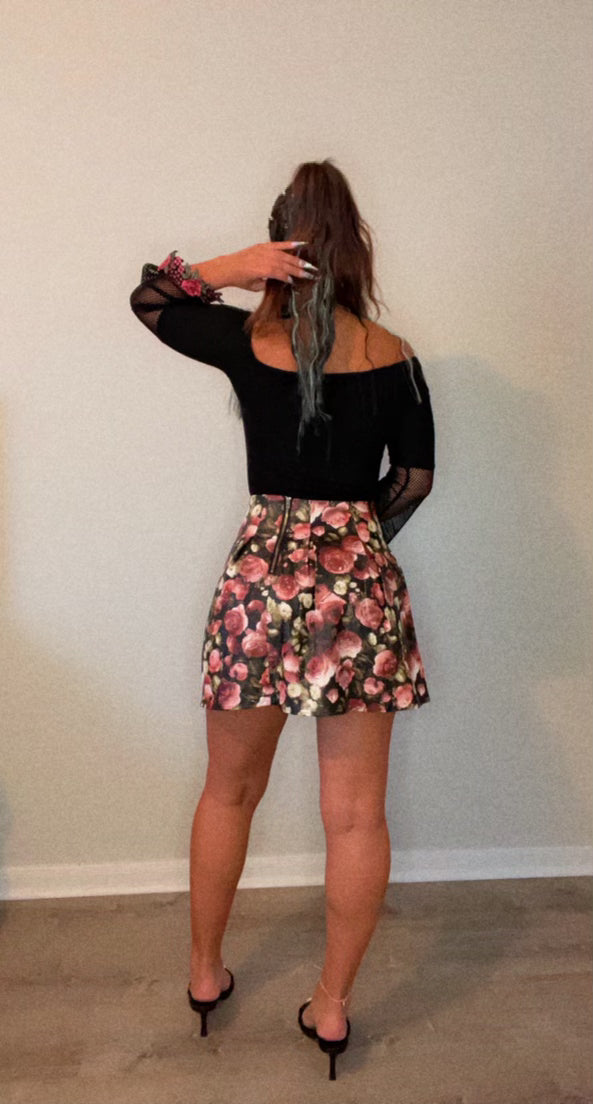 Floral Print High Waist Faux Leather Mini Skirt