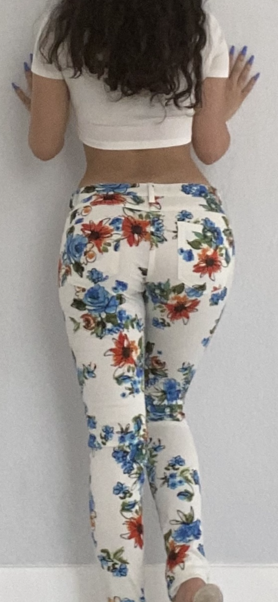 White Floral Print Fitted Pants